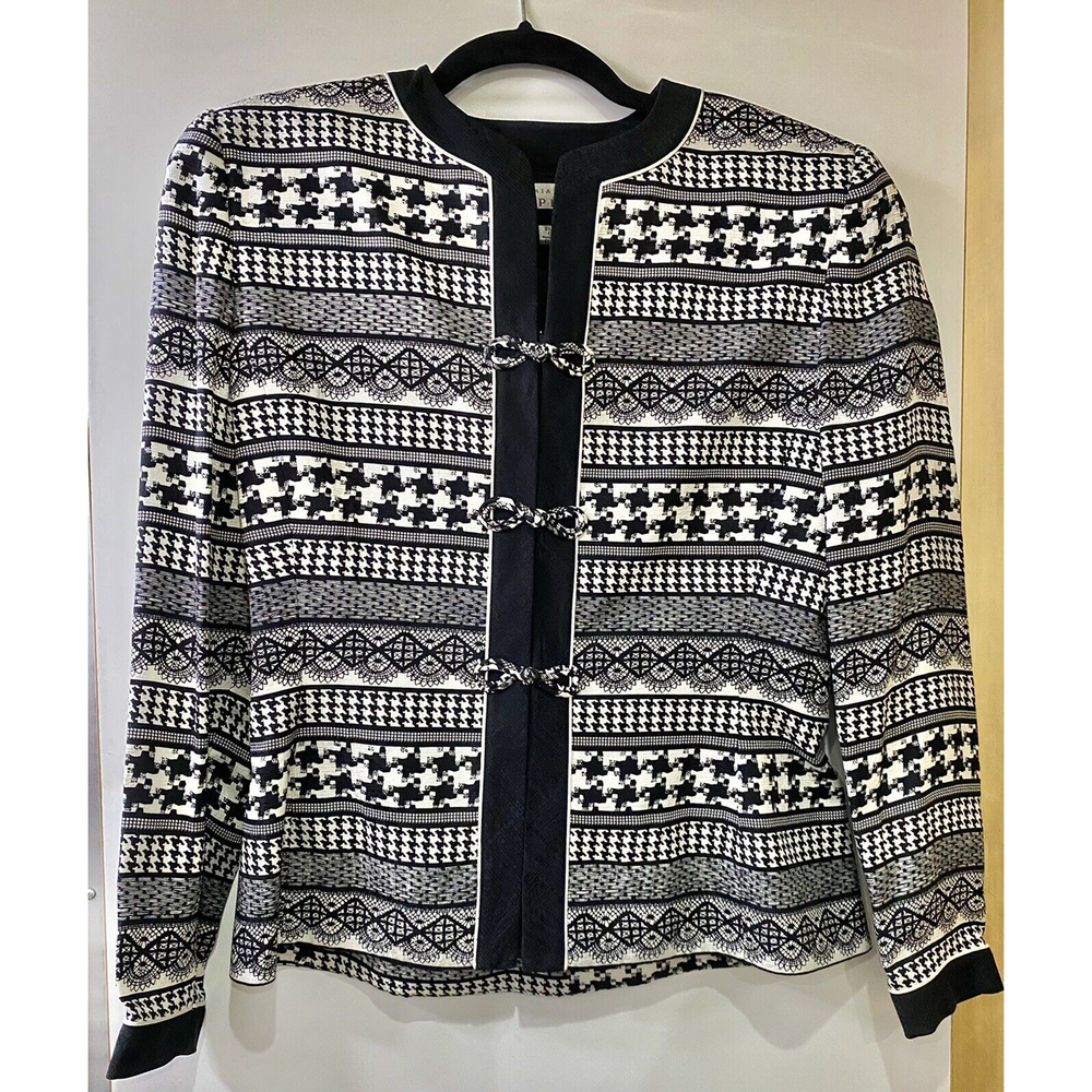 Vintage Adrianna Papell Jacket Black/White Geometric Print SZ‎ 6 Padded Shoulder